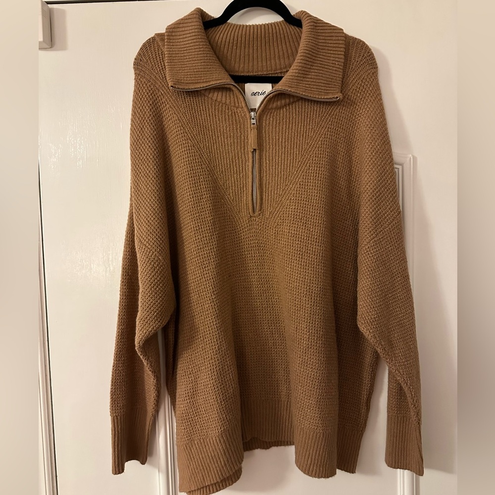 Aerie Brown Waffle Knit Quarter Zip Sweater